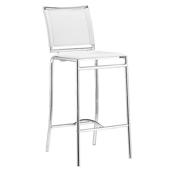 Elegant 14" x 20" x 37.5" white leatherette bar chair with chromed steel frame and footrest, perfect for modern kitchens and bars.