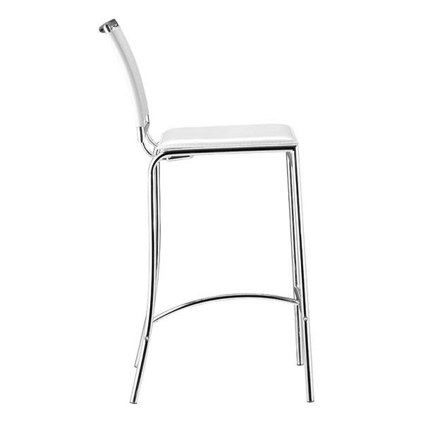 Elegant 14" x 20" x 37.5" white leatherette bar chair with chromed steel frame and footrest, perfect for modern kitchens and bars.