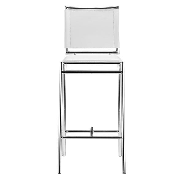 Elegant 14" x 20" x 37.5" white leatherette bar chair with chromed steel frame and footrest, perfect for modern kitchens and bars.