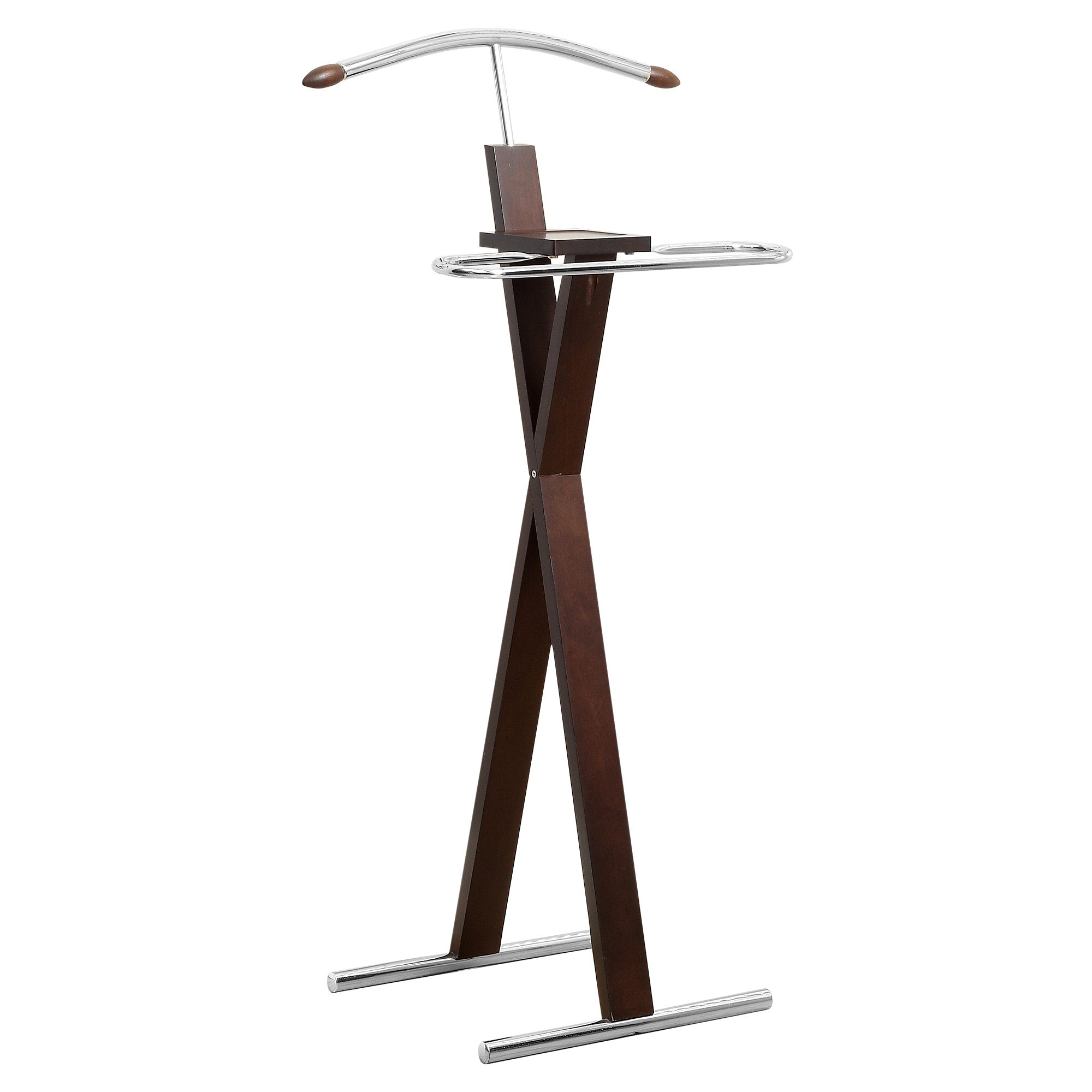 Cappuccino solid wood valet stand with chrome accents, featuring a hanger, accessory tray, and trouser bar, elegantly displayed in a dressing room.