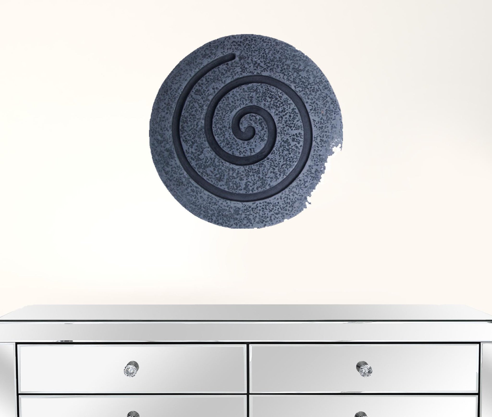 14-inch Gray Round Modern Spiral Wall Art featuring a simple spiral design made of sandstone with glass accents, perfect for contemporary home decor.