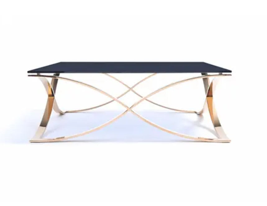 14-inch coffee table featuring a smoked glass top and rosegold stainless steel base, elegantly designed for modern living spaces.