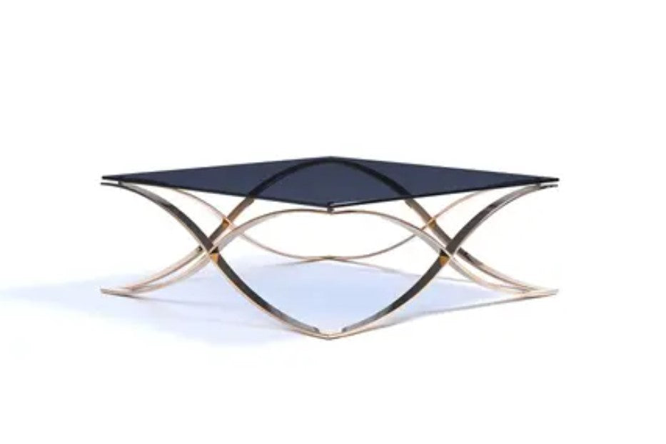 14-inch coffee table featuring a smoked glass top and rosegold stainless steel base, elegantly designed for modern living spaces.