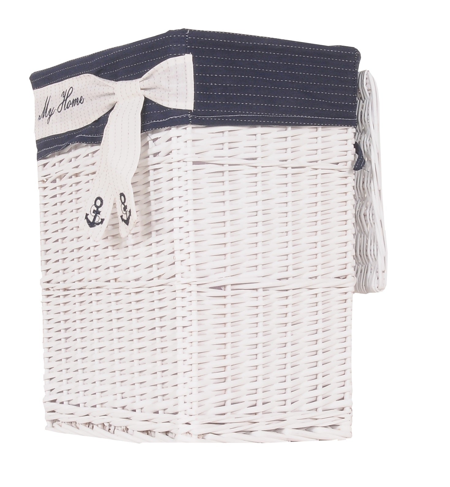 A set of five rectangular willow baskets in white and blue, showcasing their elegant design and various sizes for versatile storage.