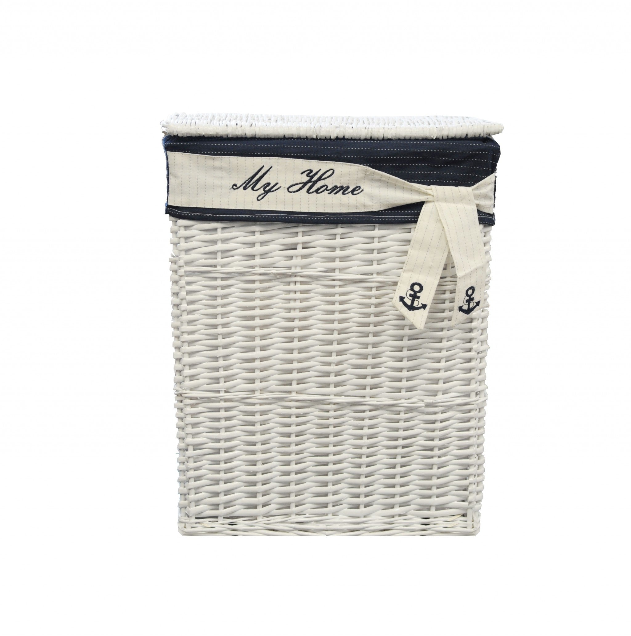 A set of five rectangular willow baskets in white and blue, showcasing their elegant design and various sizes for versatile storage.