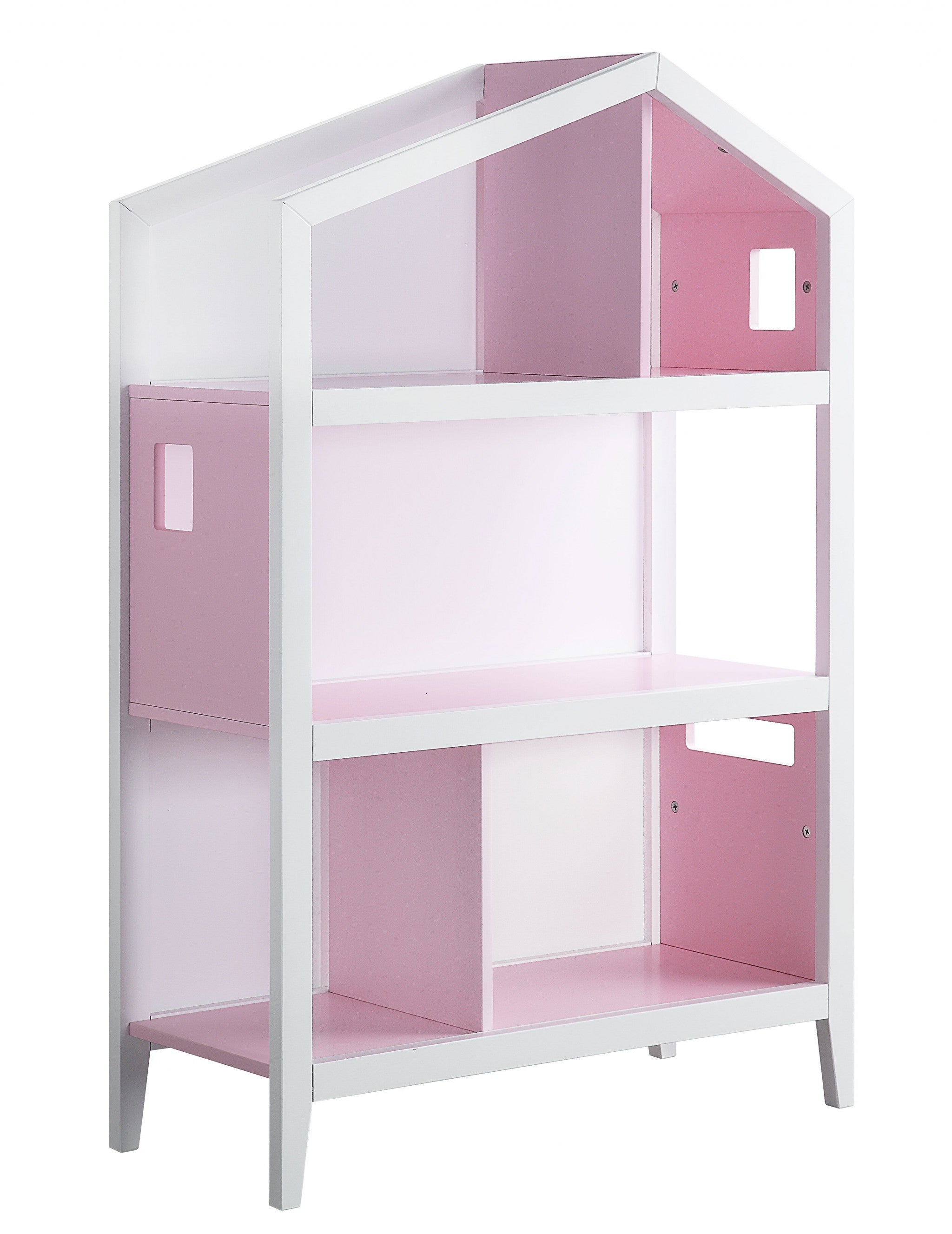 Elegant white and pink wood bookcase in castle shape, perfect for children's room storage.