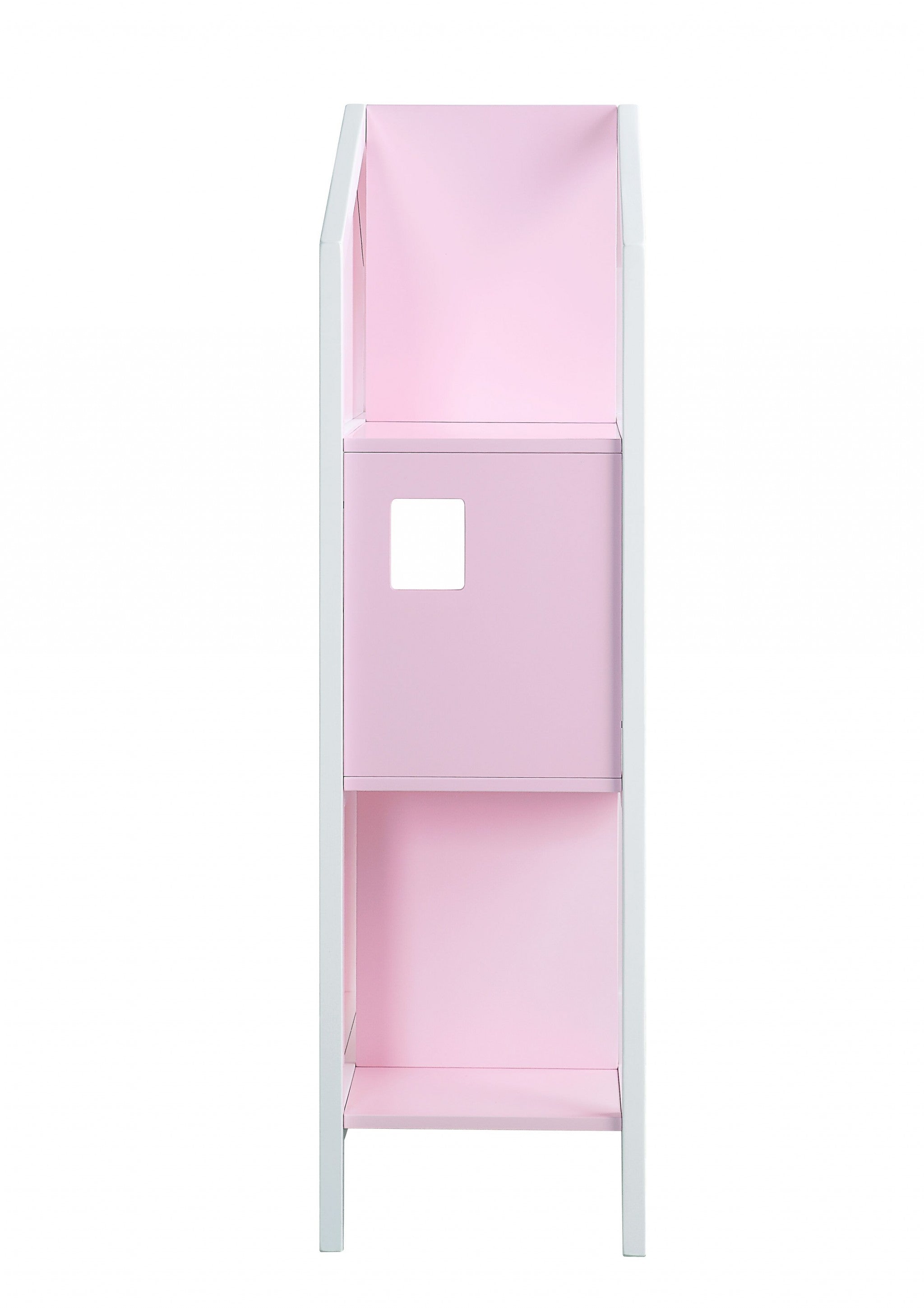 Elegant white and pink wood bookcase in castle shape, perfect for children's room storage.