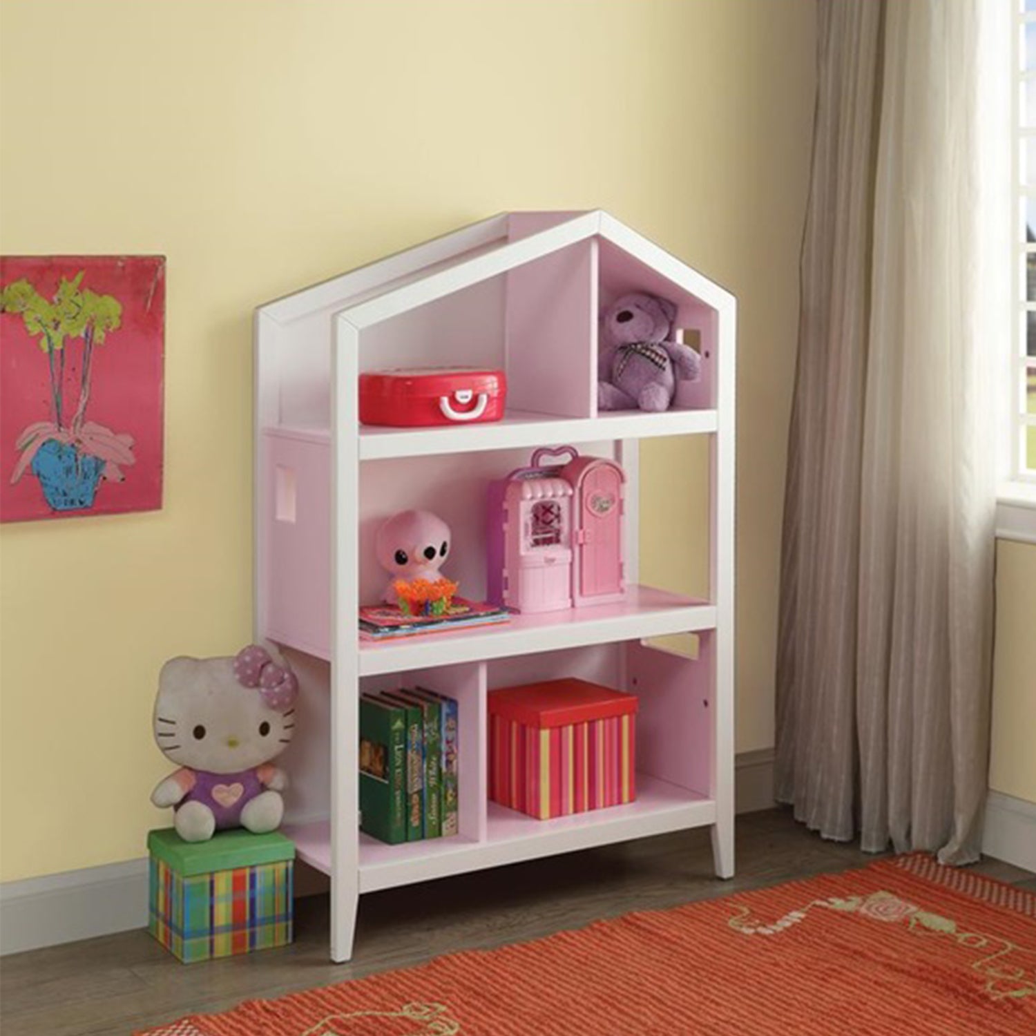 Elegant white and pink wood bookcase in castle shape, perfect for children's room storage.