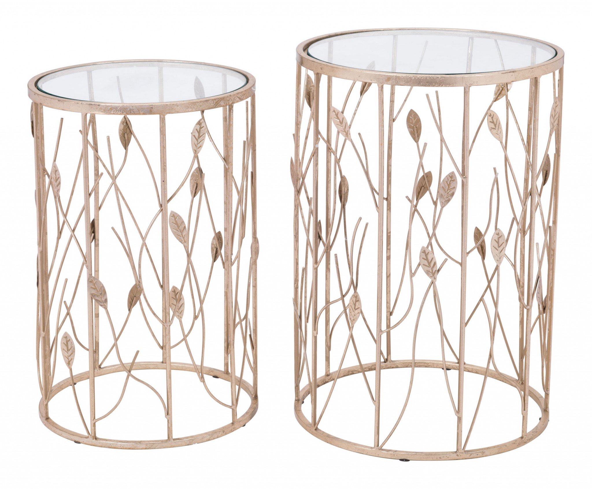 A stylish set of two round side tables featuring a clear tempered glass top and a gold steel base, showcasing a leaflike design.