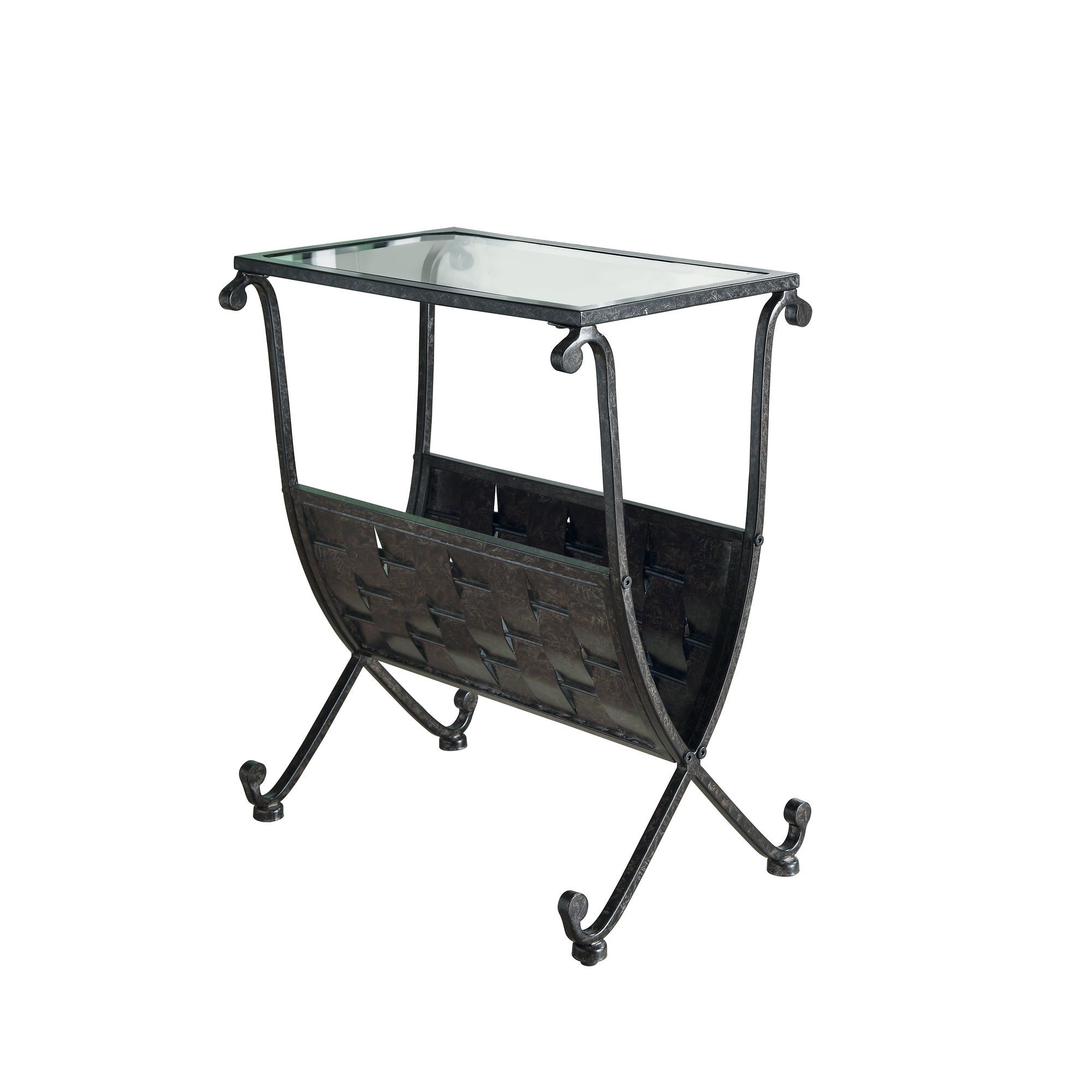 Elegant Black Taupe Metal Tempered Glass Accent Table beside a sofa, showcasing its sleek design and clear glass top.