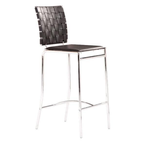 Two stylish black leatherette counter chairs with chrome steel frames, showcasing a modern design suitable for various decor styles.