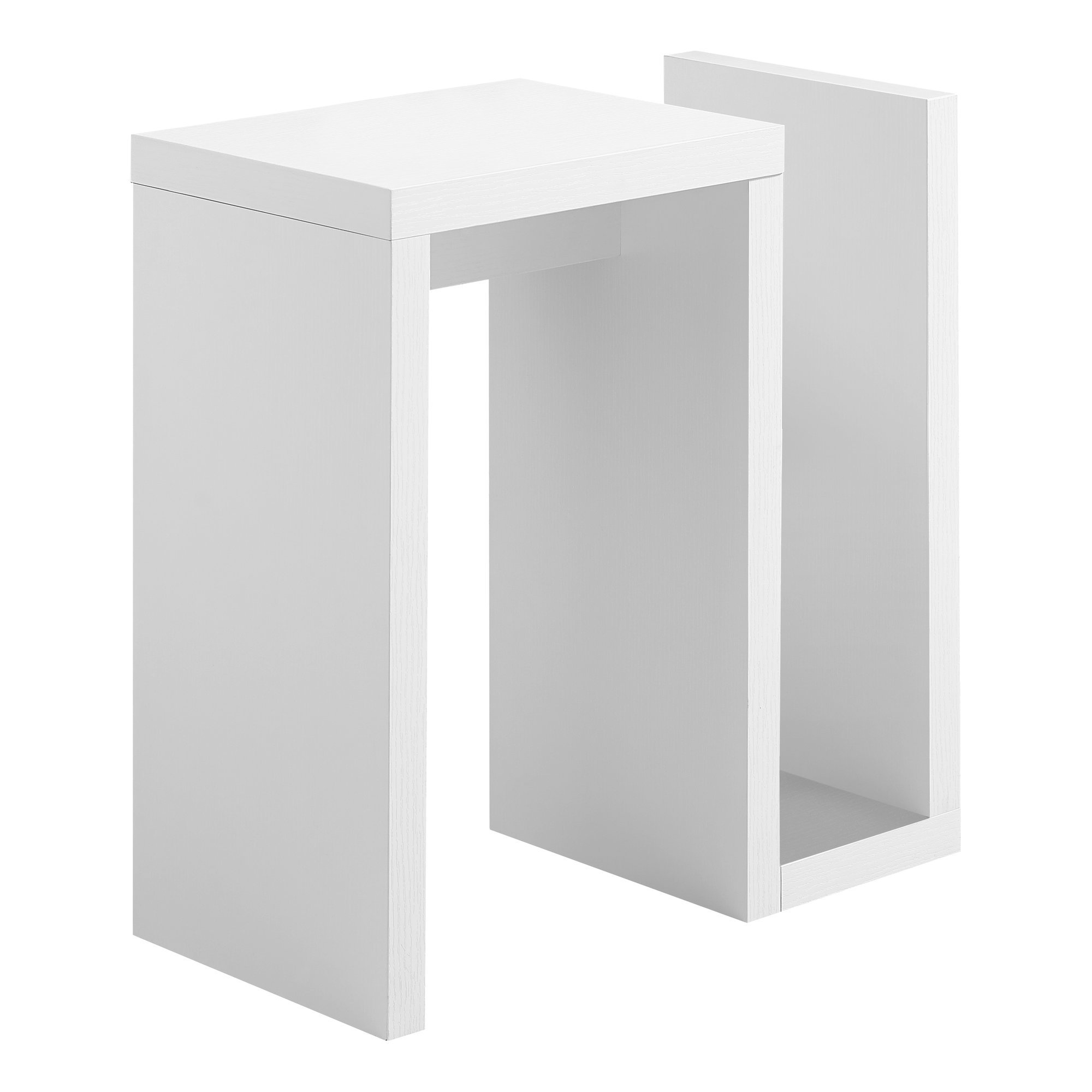 A modern white accent table with thick panels and an open storage slot, perfect for books and magazines.