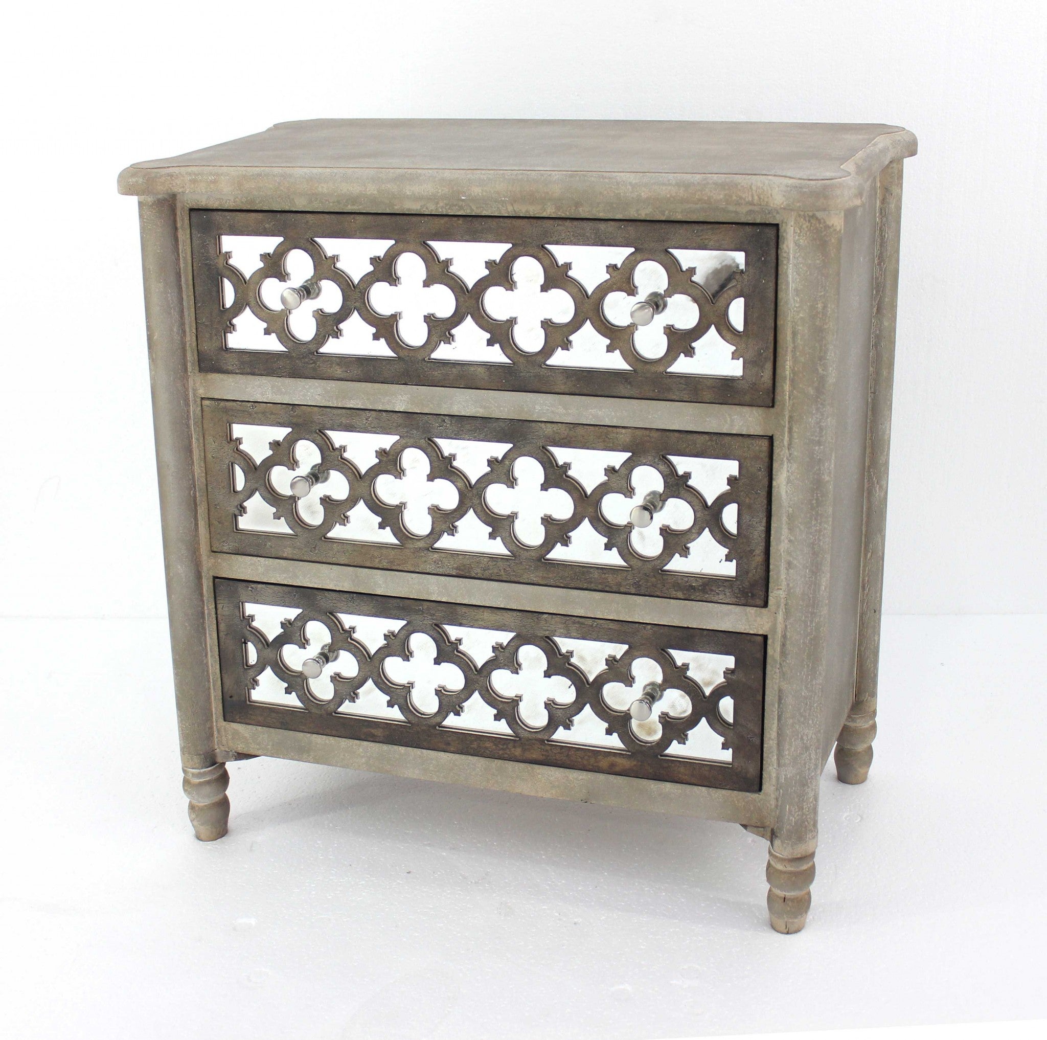 15 x 32 x 32 vintage wooden cabinet with three drawers, featuring a distressed gold and red finish and pearl-like drawer knobs.