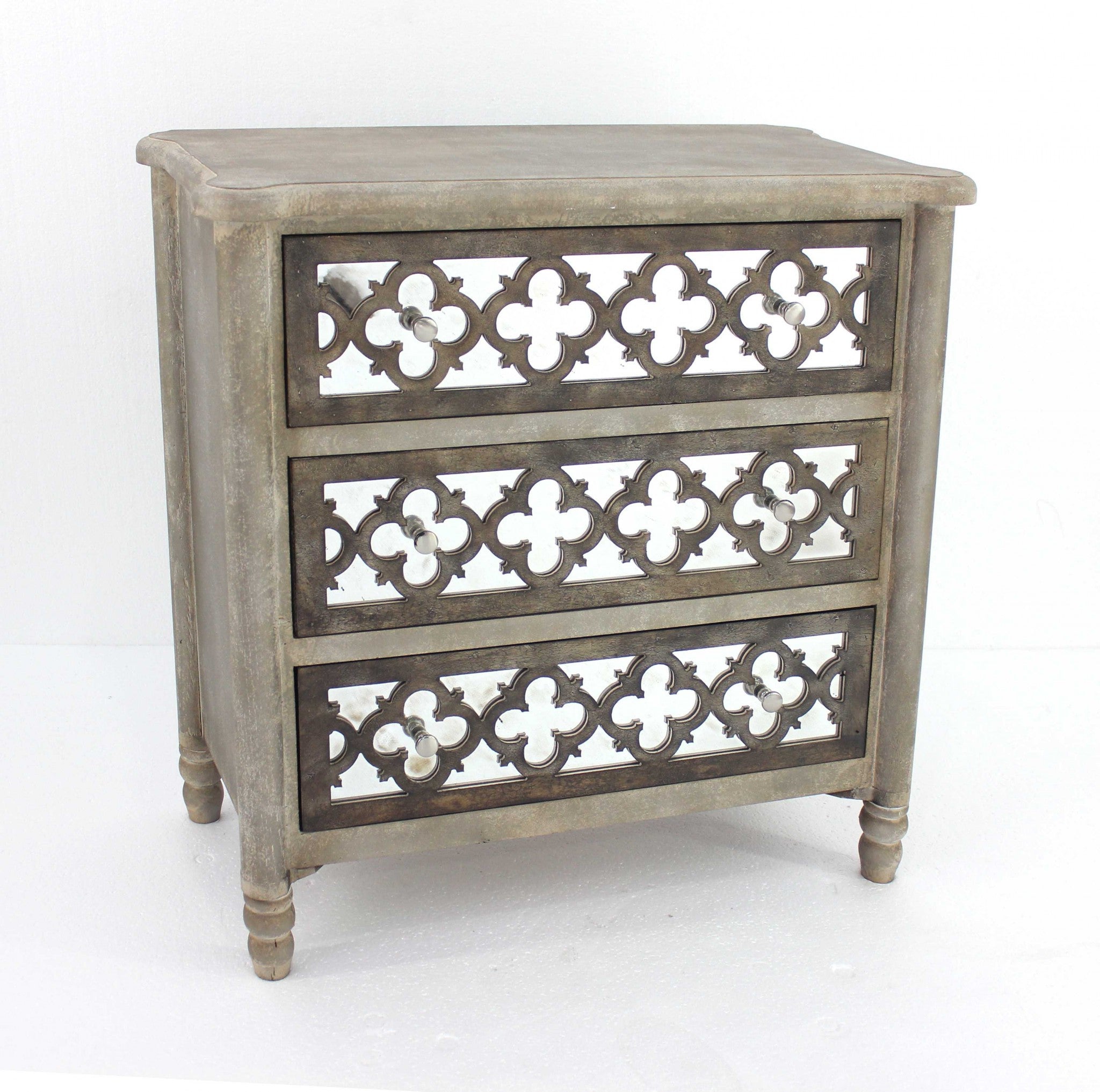 15 x 32 x 32 vintage wooden cabinet with three drawers, featuring a distressed gold and red finish and pearl-like drawer knobs.