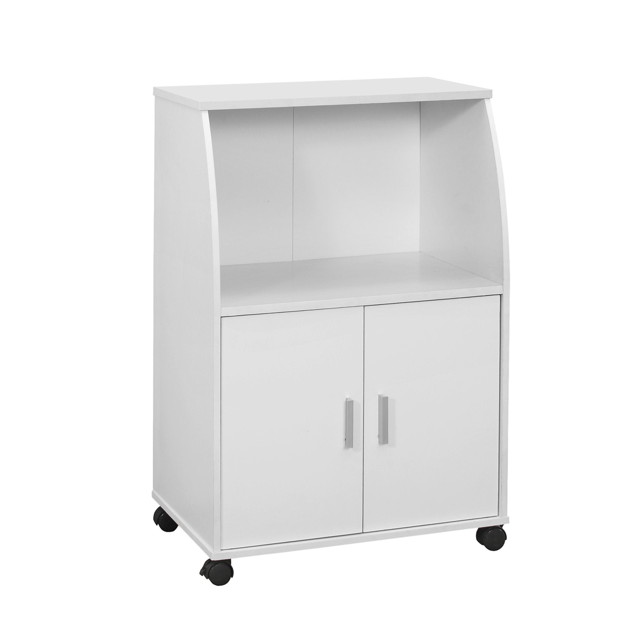 15.25x22x33 inches white particle board laminate kitchen cart with double doors and open top storage.