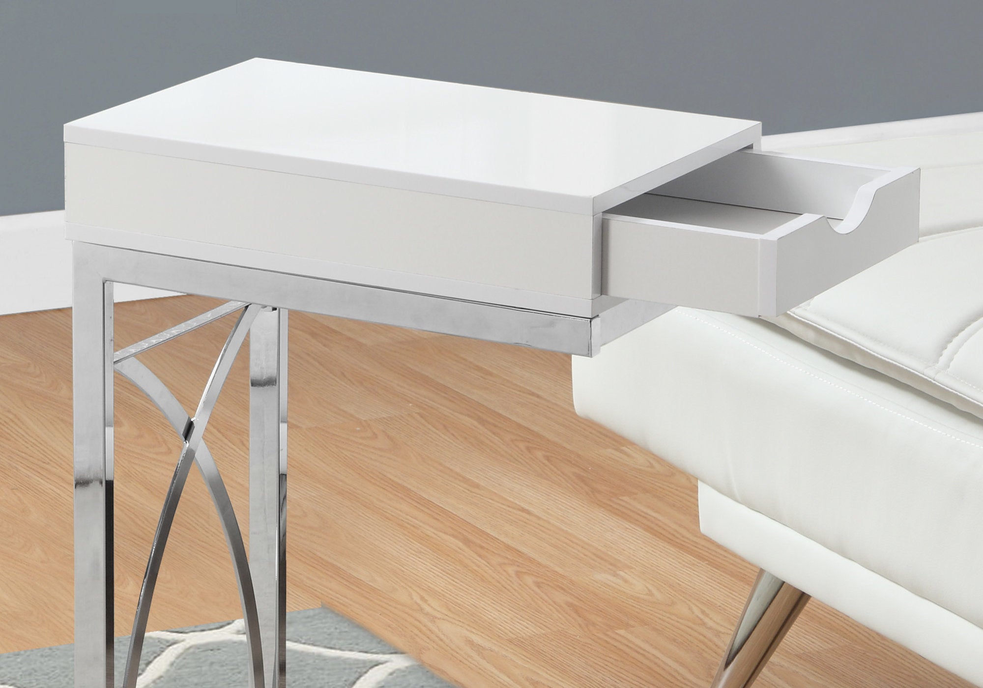 Stylish white finish drawer accent table with a storage drawer, perfect for home decor.