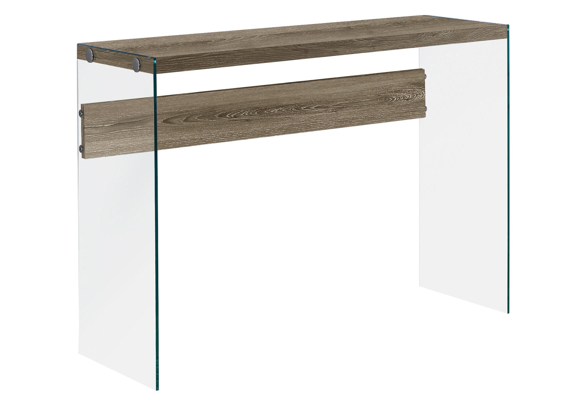 Elegant dark taupe accent table with clear tempered glass top, showcasing a stylish design suitable for any room.