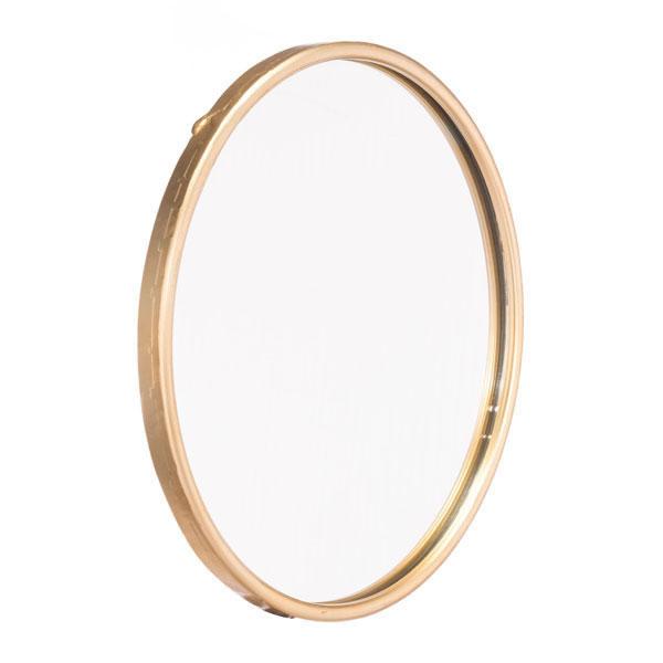 A 15.9-inch round gold steel mirror with a sleek design, perfect for home decor.