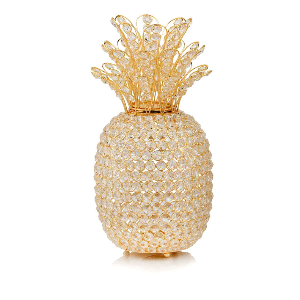 A stunning 15-inch gold pineapple sculpture adorned with faux crystals, resting on a silver base, perfect for home decor.