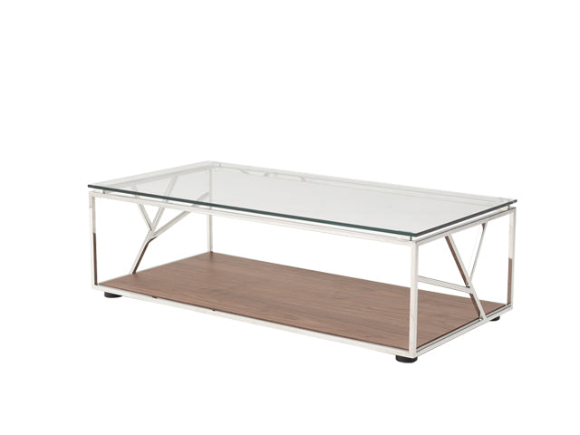 15-inch coffee table featuring walnut veneer, glass top, and steel base, showcasing a modern and elegant design.