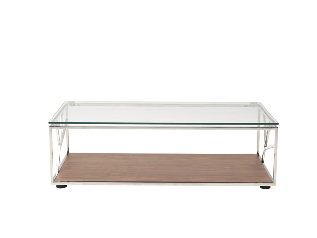 15-inch coffee table featuring walnut veneer, glass top, and steel base, showcasing a modern and elegant design.