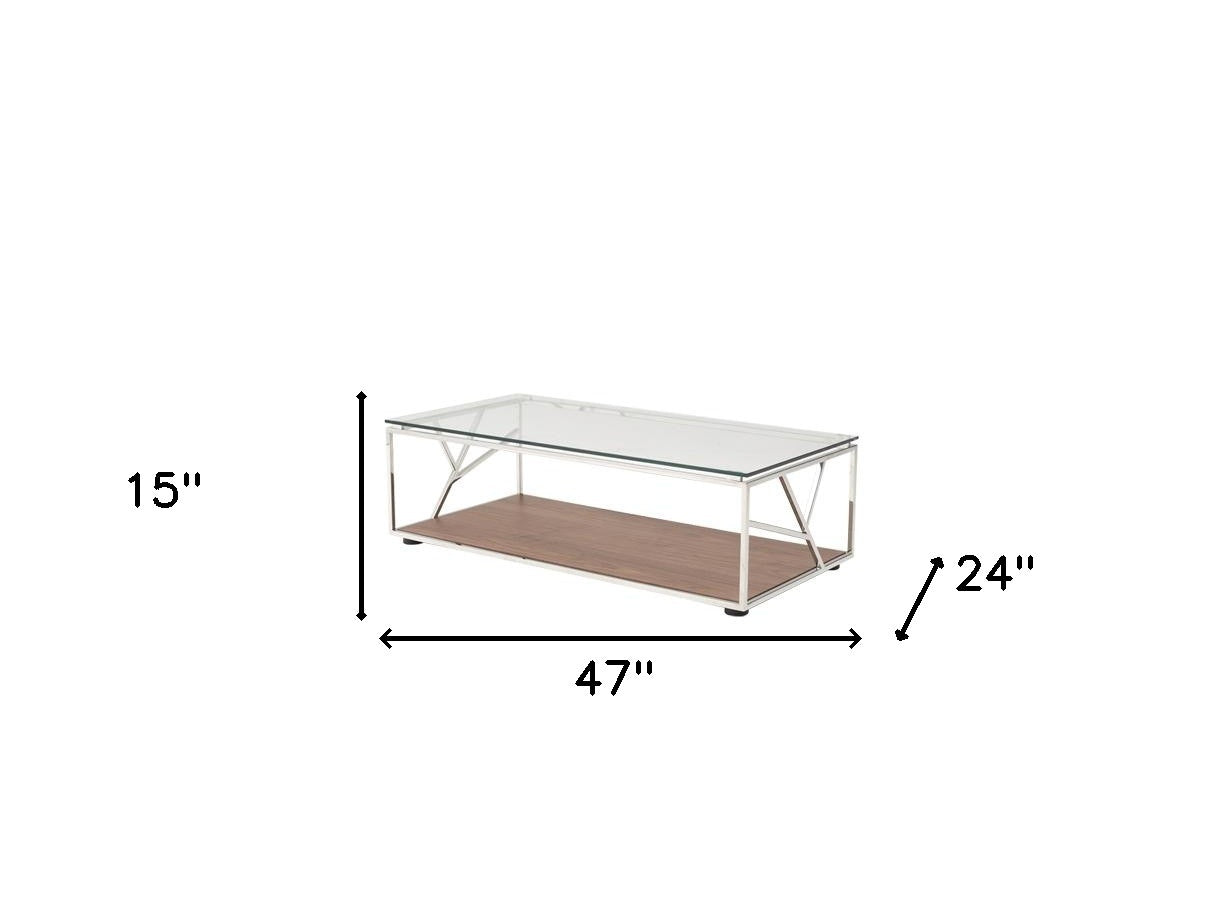 15-inch coffee table featuring walnut veneer, glass top, and steel base, showcasing a modern and elegant design.