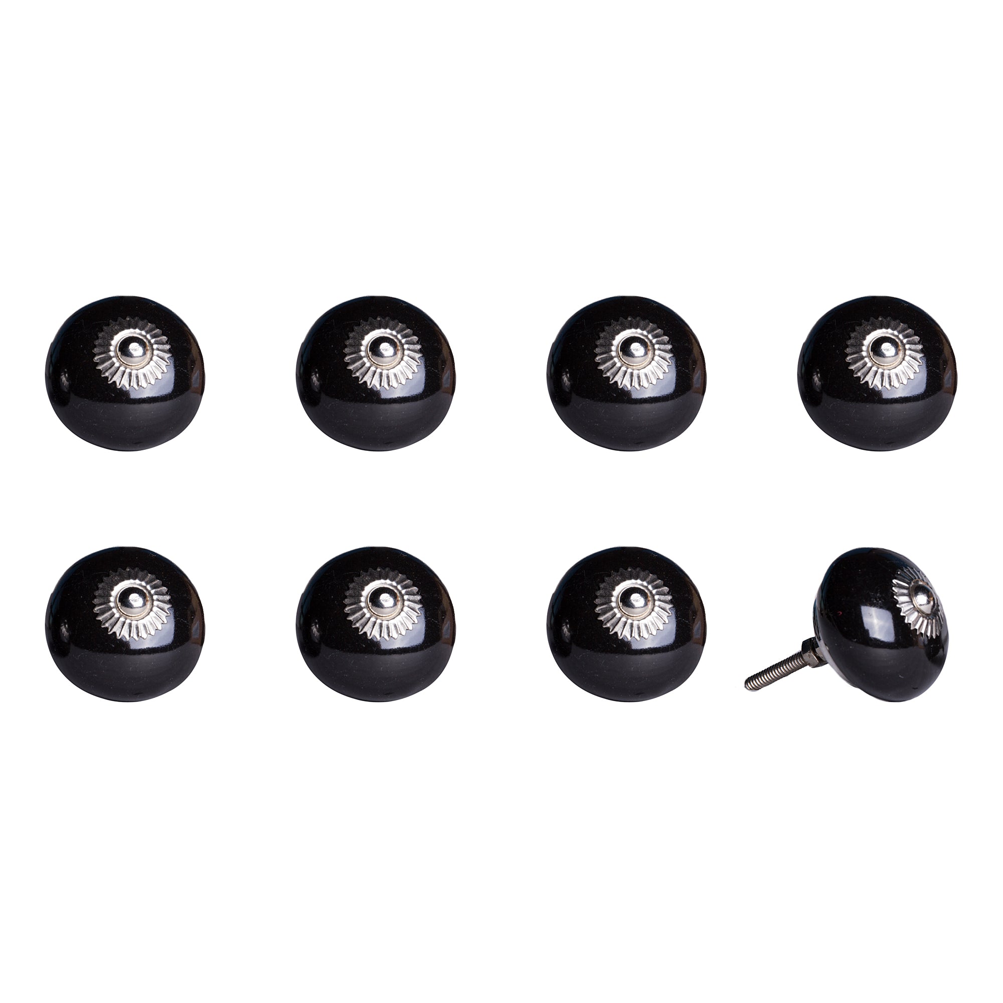 A set of 8 hand-painted ceramic black knobs, each measuring 1.5 inches, showcasing vibrant colors and vintage design, perfect for cabinets and drawers.