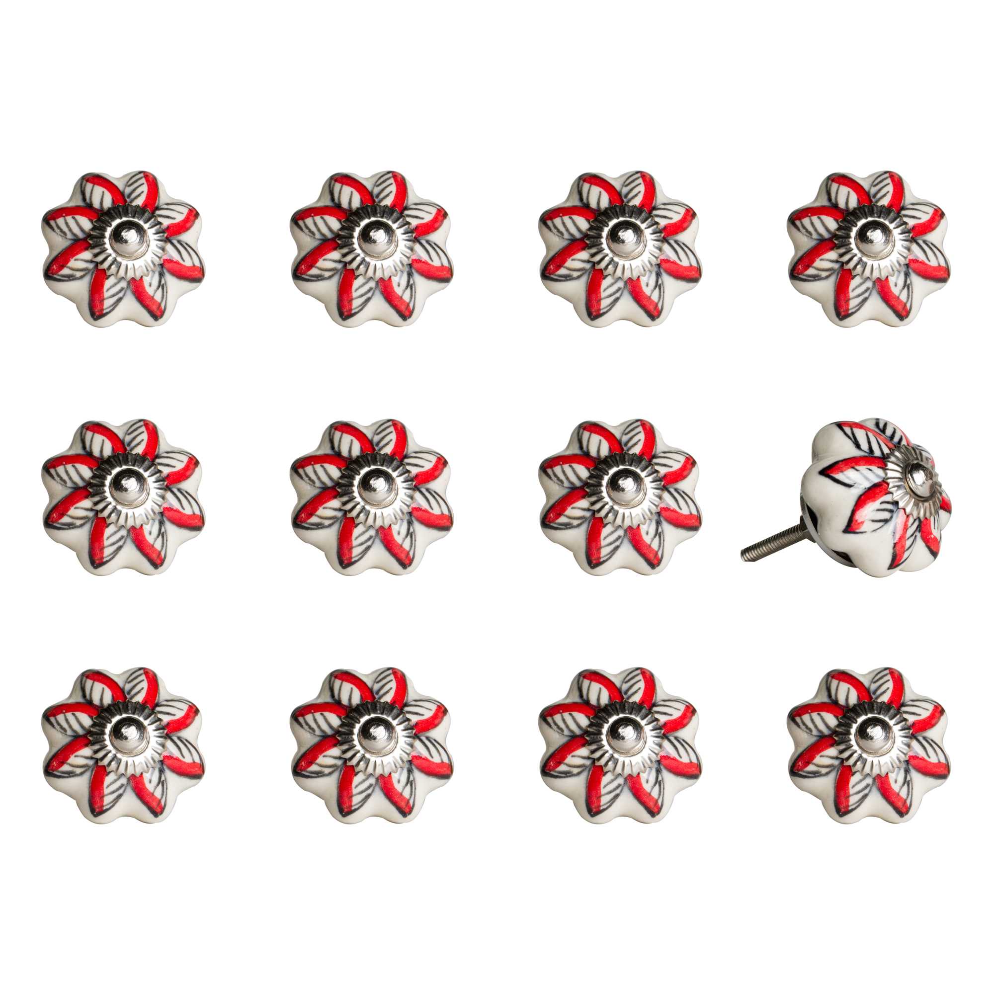 A vibrant 12 pack of ceramic metal knobs, each measuring 1.5 inches, showcasing unique hand-painted designs in multicolor, perfect for home decor.