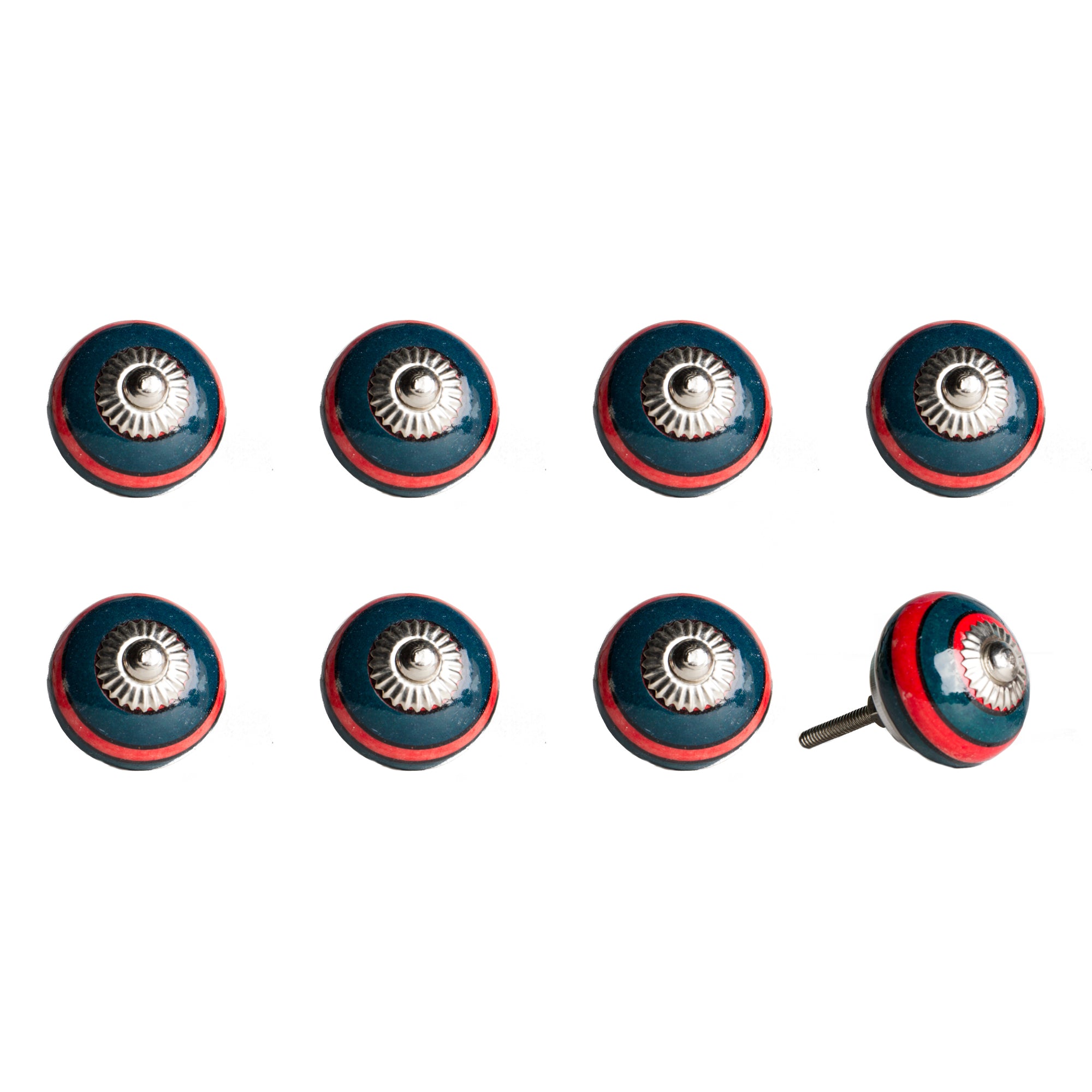 A vibrant 8-pack of ceramic knobs in navy and red, each measuring 1.5 inches, showcasing intricate hand-painted designs for a vintage look.