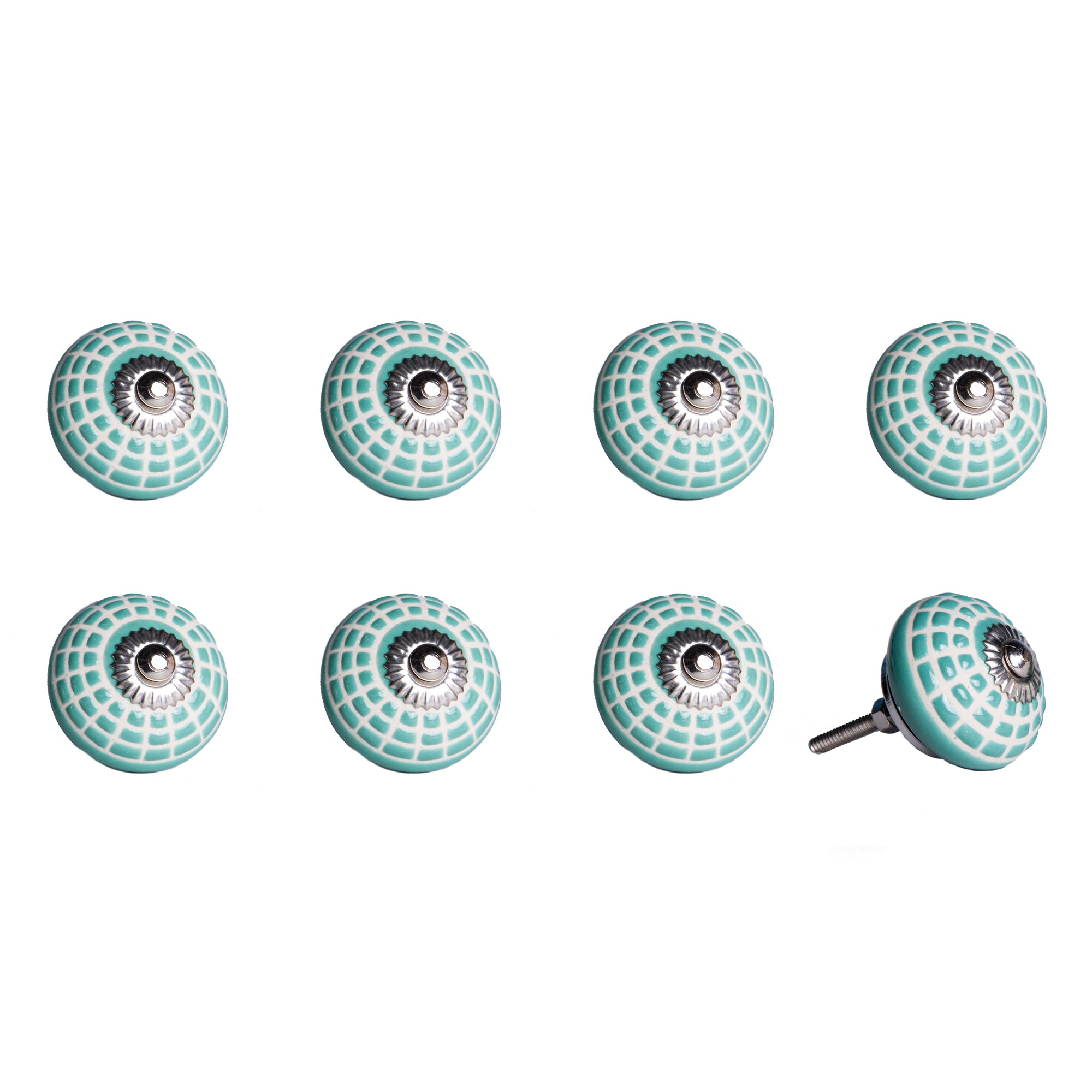 Set of 8 hand-painted ceramic knobs in turquoise and white, showcasing a vintage design perfect for cabinets and drawers.