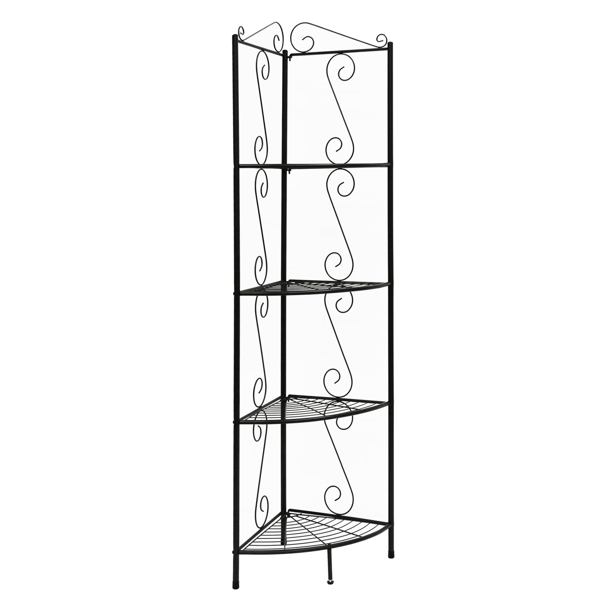 Elegant brown metal corner shelf bookcase with scroll motif, perfect for tight spaces.