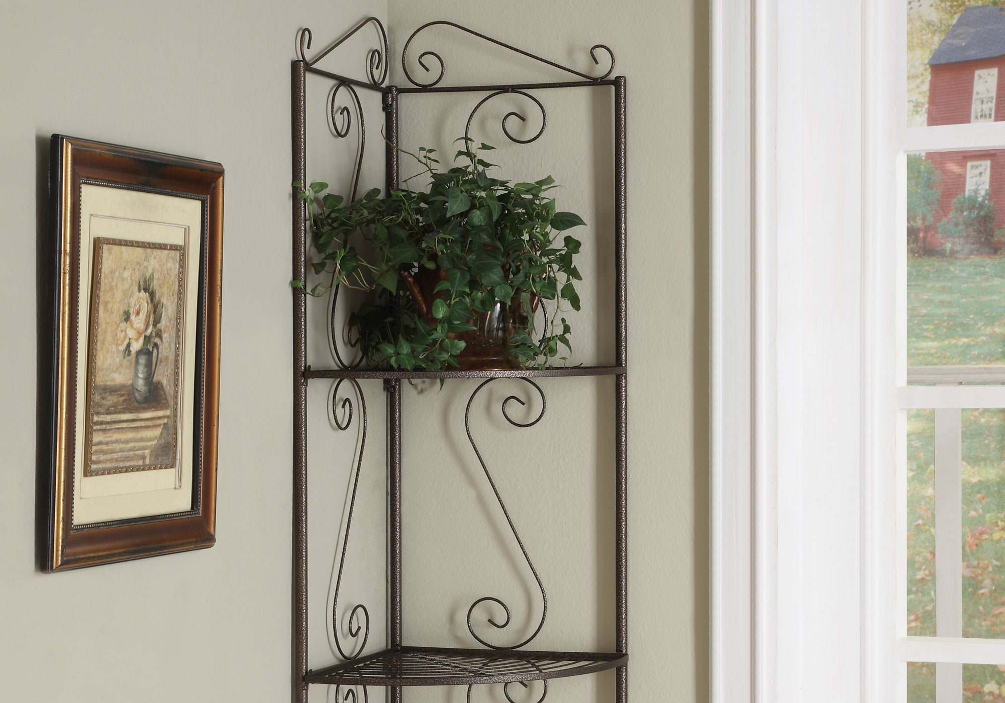 Elegant brown metal corner shelf bookcase with scroll motif, perfect for tight spaces.