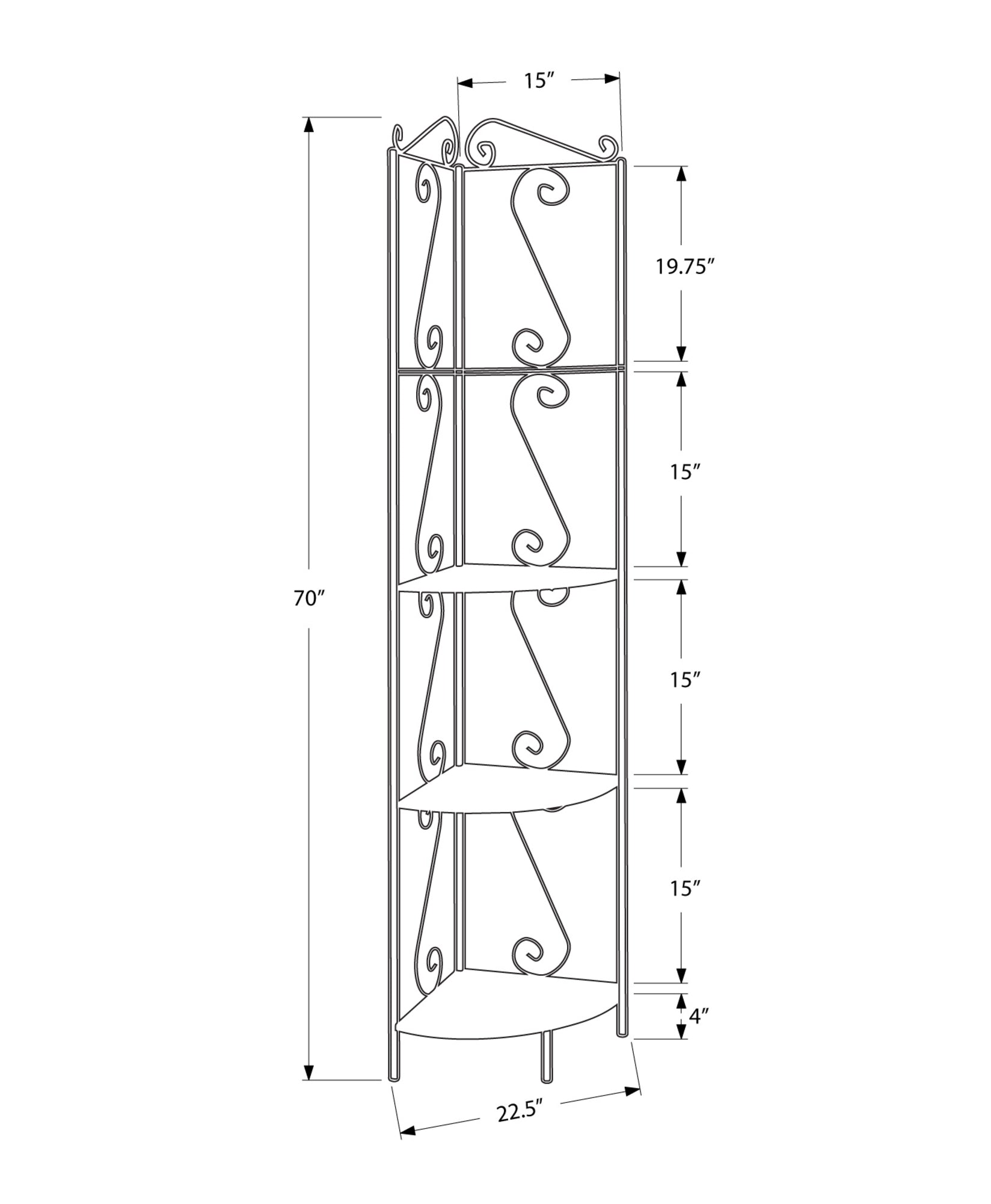 Elegant brown metal corner shelf bookcase with scroll motif, perfect for tight spaces.