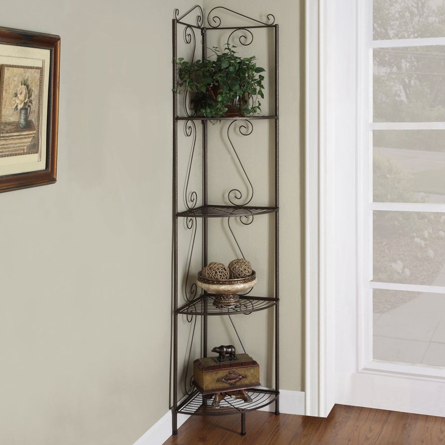 Elegant brown metal corner shelf bookcase with scroll motif, perfect for tight spaces.