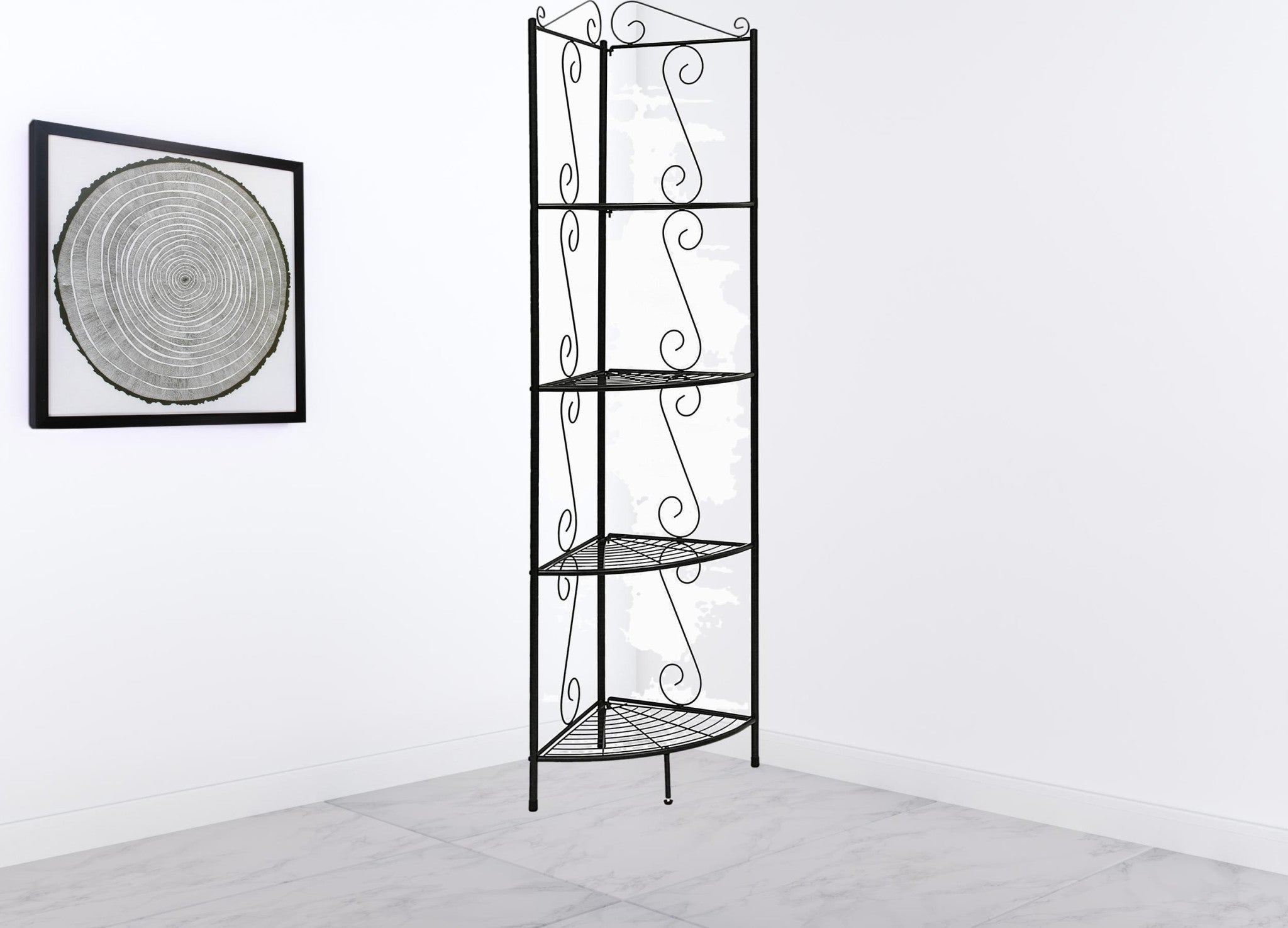 Elegant brown metal corner shelf bookcase with scroll motif, perfect for tight spaces.