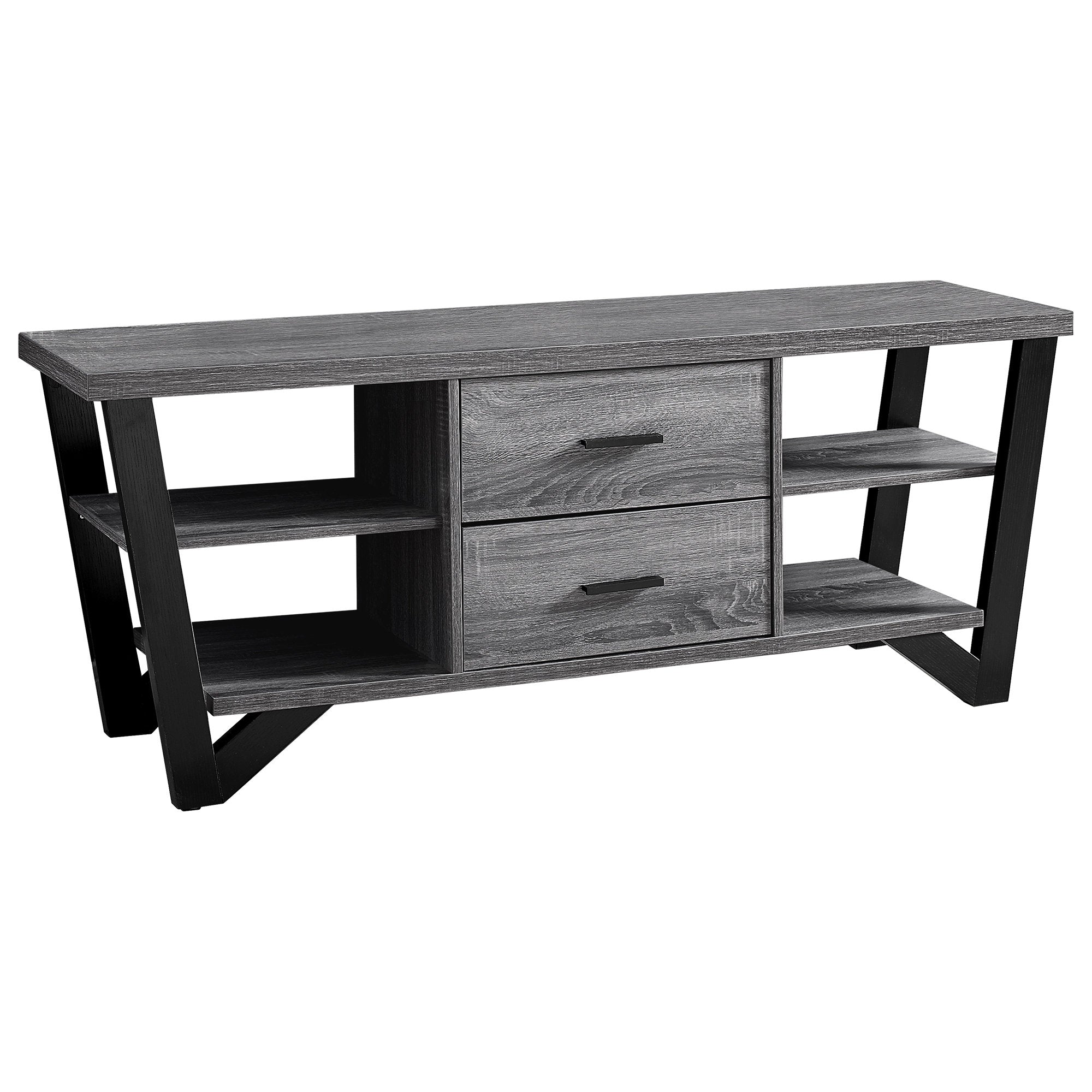 15.5x60 inches Grey Black Particle Board Hollow Core TV Stand with four shelves and two drawers, showcasing a contemporary design.