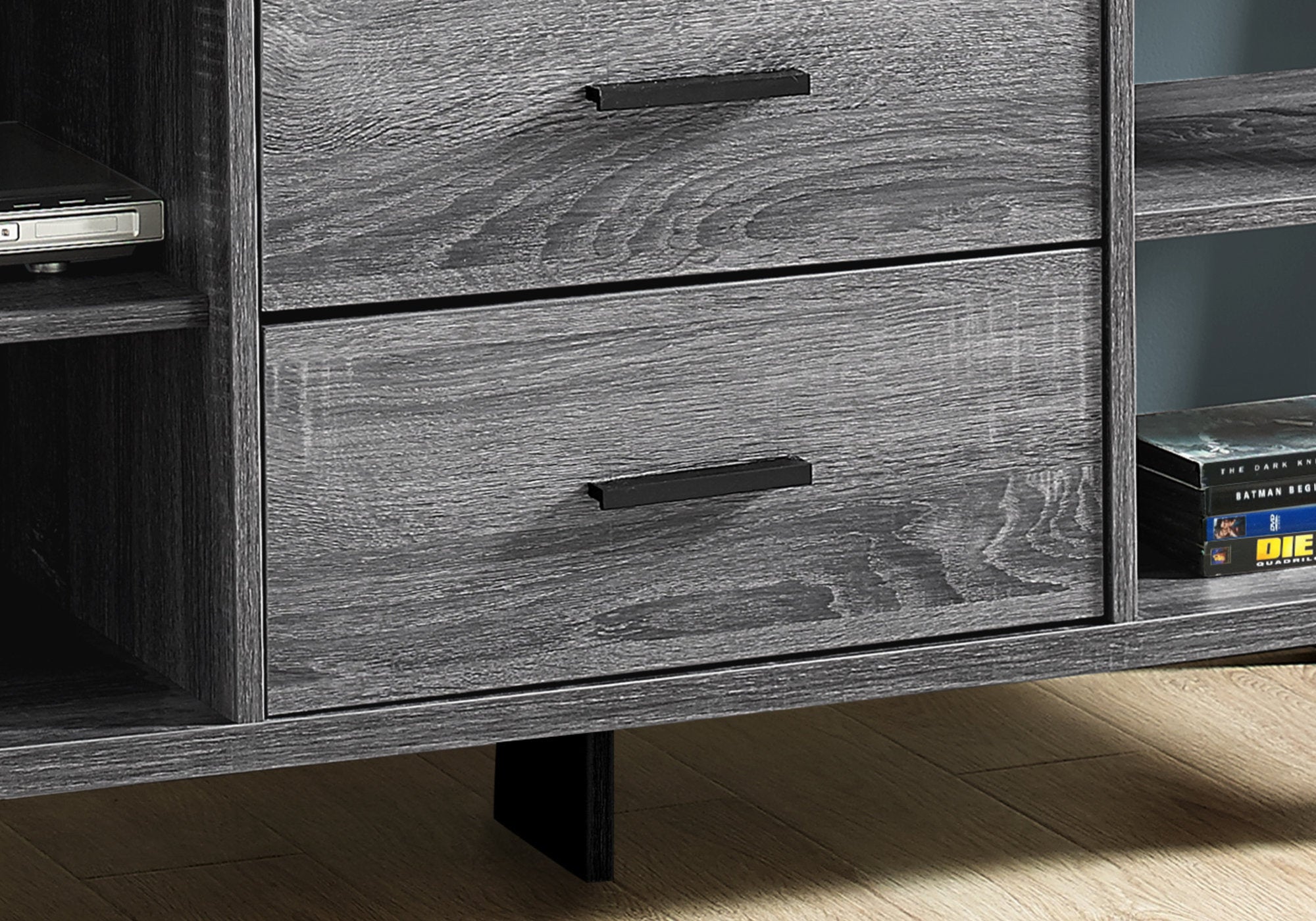 15.5x60 inches Grey Black Particle Board Hollow Core TV Stand with four shelves and two drawers, showcasing a contemporary design.