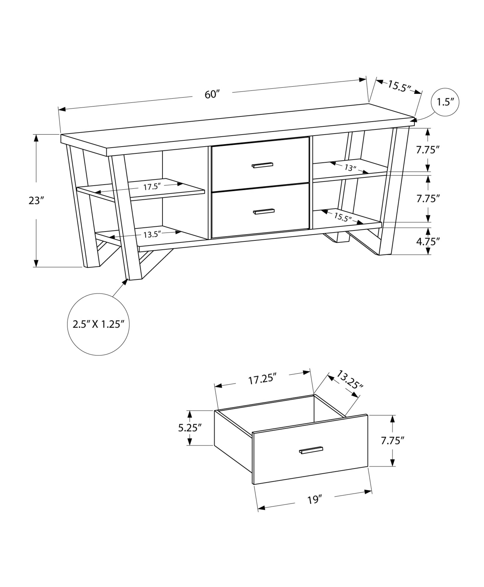 15.5x60 inches Grey Black Particle Board Hollow Core TV Stand with four shelves and two drawers, showcasing a contemporary design.