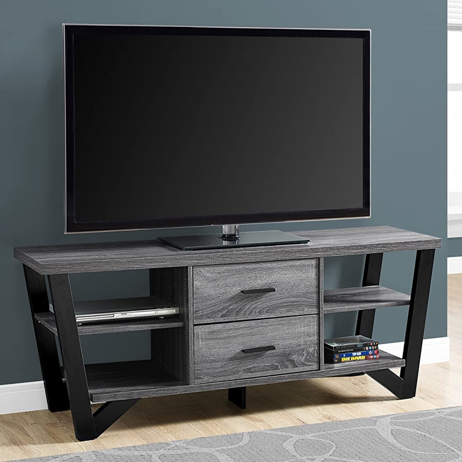 15.5x60 inches Grey Black Particle Board Hollow Core TV Stand with four shelves and two drawers, showcasing a contemporary design.