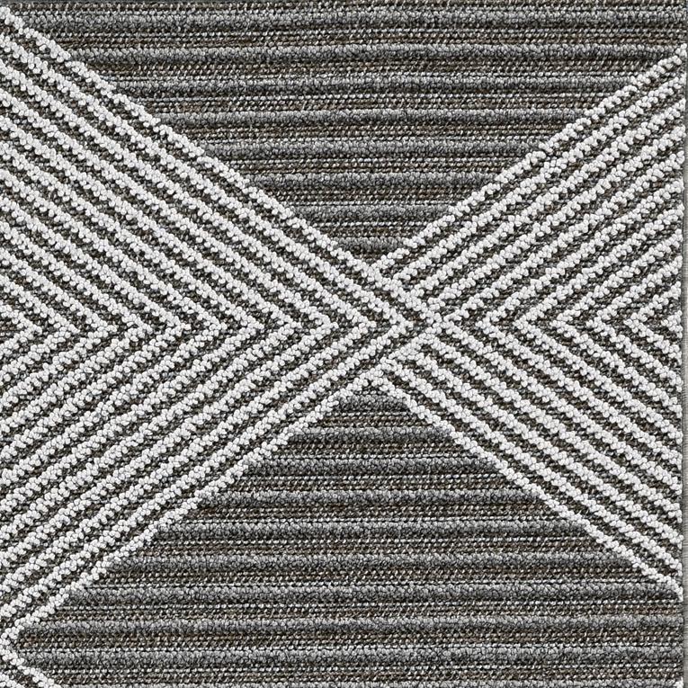 A large 116 x 152 grey and ivory polypropylene rug, showcasing a contemporary diamond pattern, suitable for indoor and outdoor use.