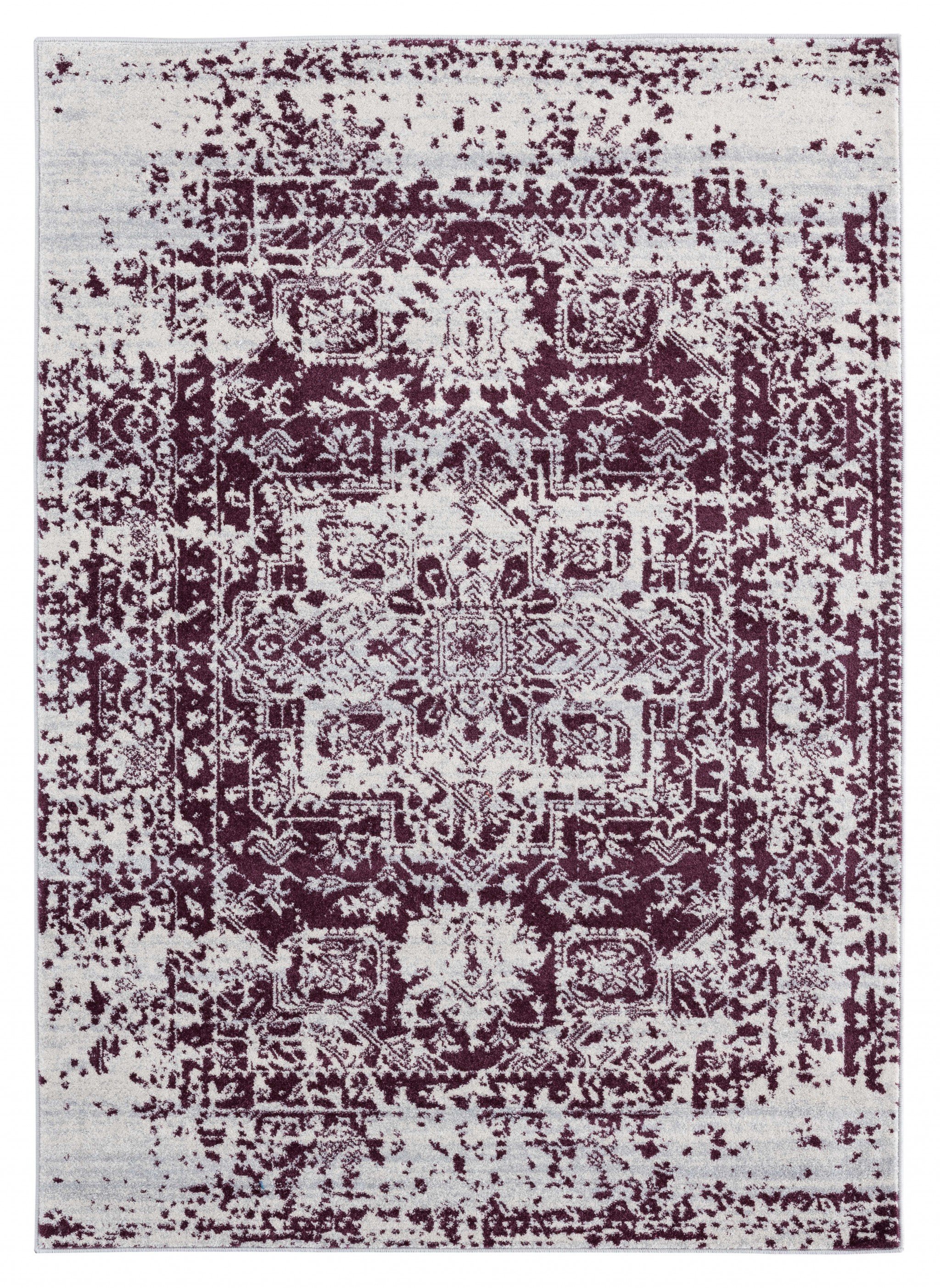 A large 116" x 158" Wine Olefin/Frieze Rug featuring a vintage design in wine plum and ivory colors with a distressed look.