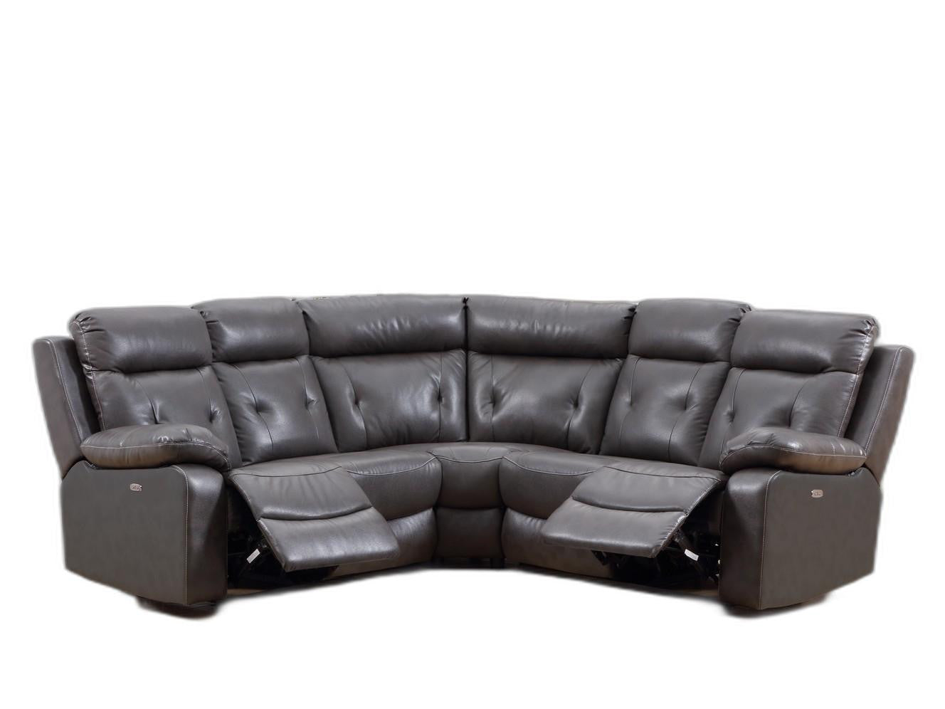 Modern dark gray leather sectional sofa with power recliners, featuring a center console and USB charging ports.