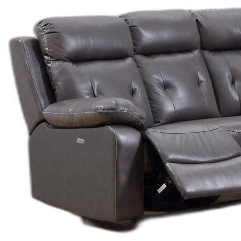 Modern dark gray leather sectional sofa with power recliners, featuring a center console and USB charging ports.