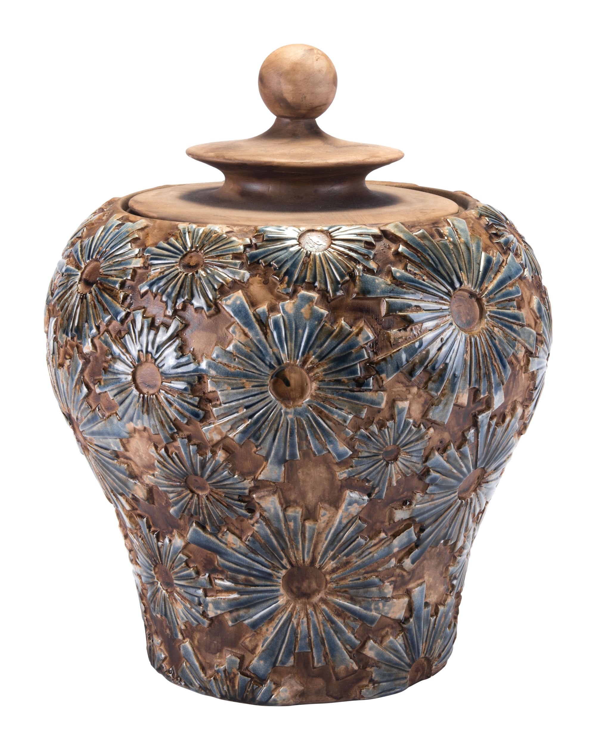 A beautifully textured brown ceramic small temple jar, perfect for modern decor, displayed on a shelf.