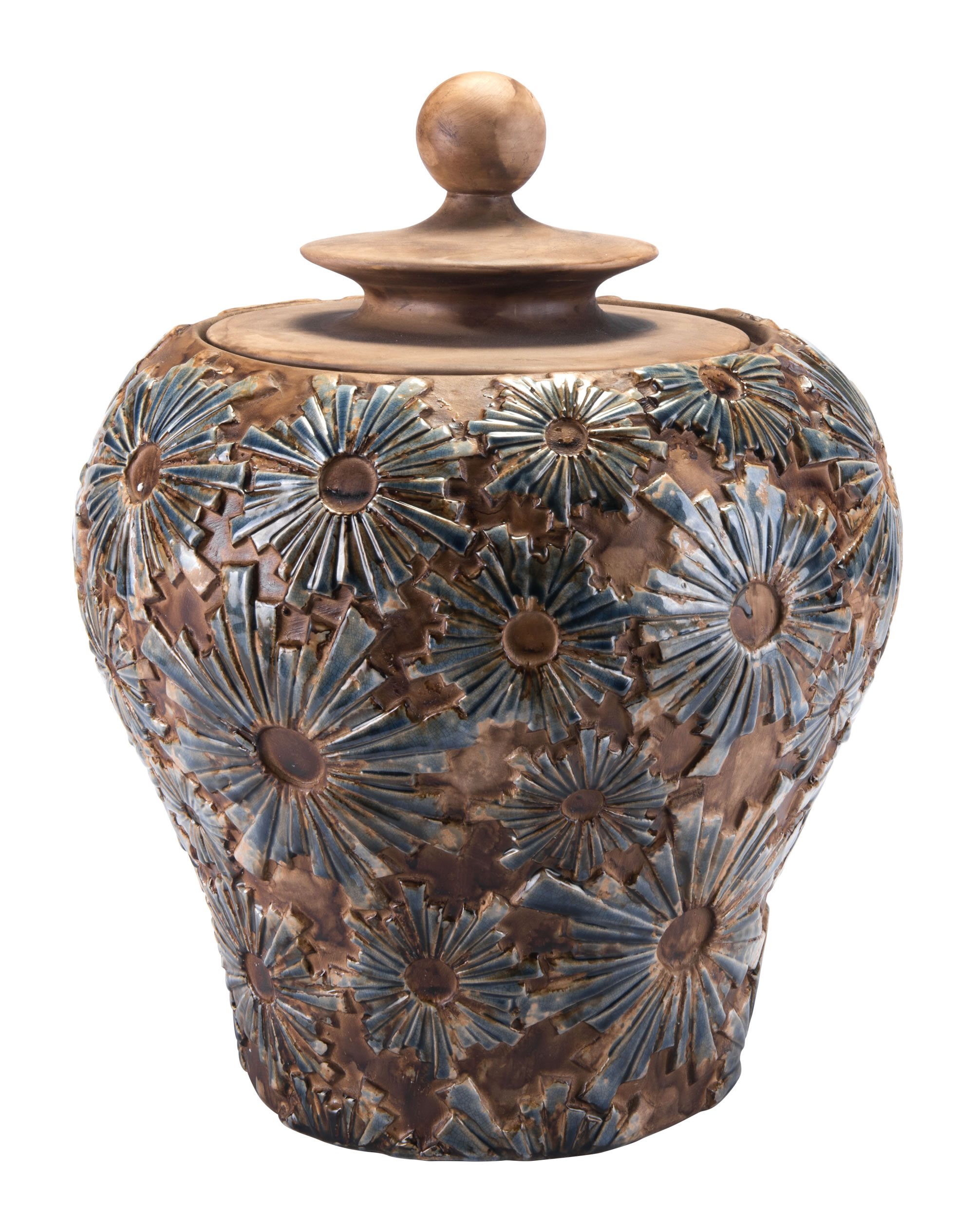 A beautifully textured brown ceramic small temple jar, perfect for modern decor, displayed on a shelf.