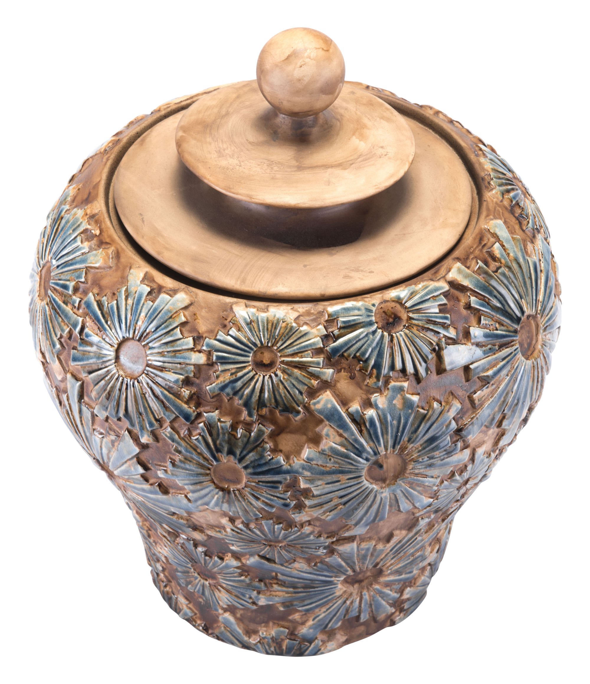 A beautifully textured brown ceramic small temple jar, perfect for modern decor, displayed on a shelf.