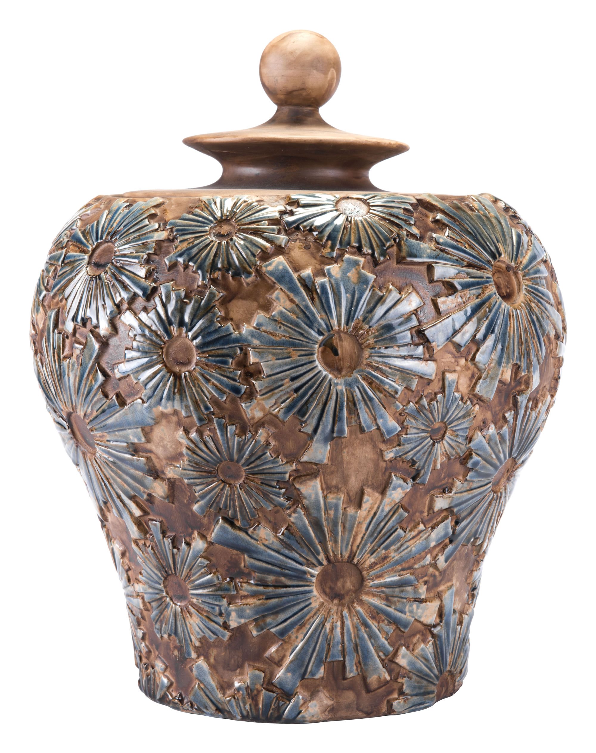 A beautifully textured brown ceramic small temple jar, perfect for modern decor, displayed on a shelf.