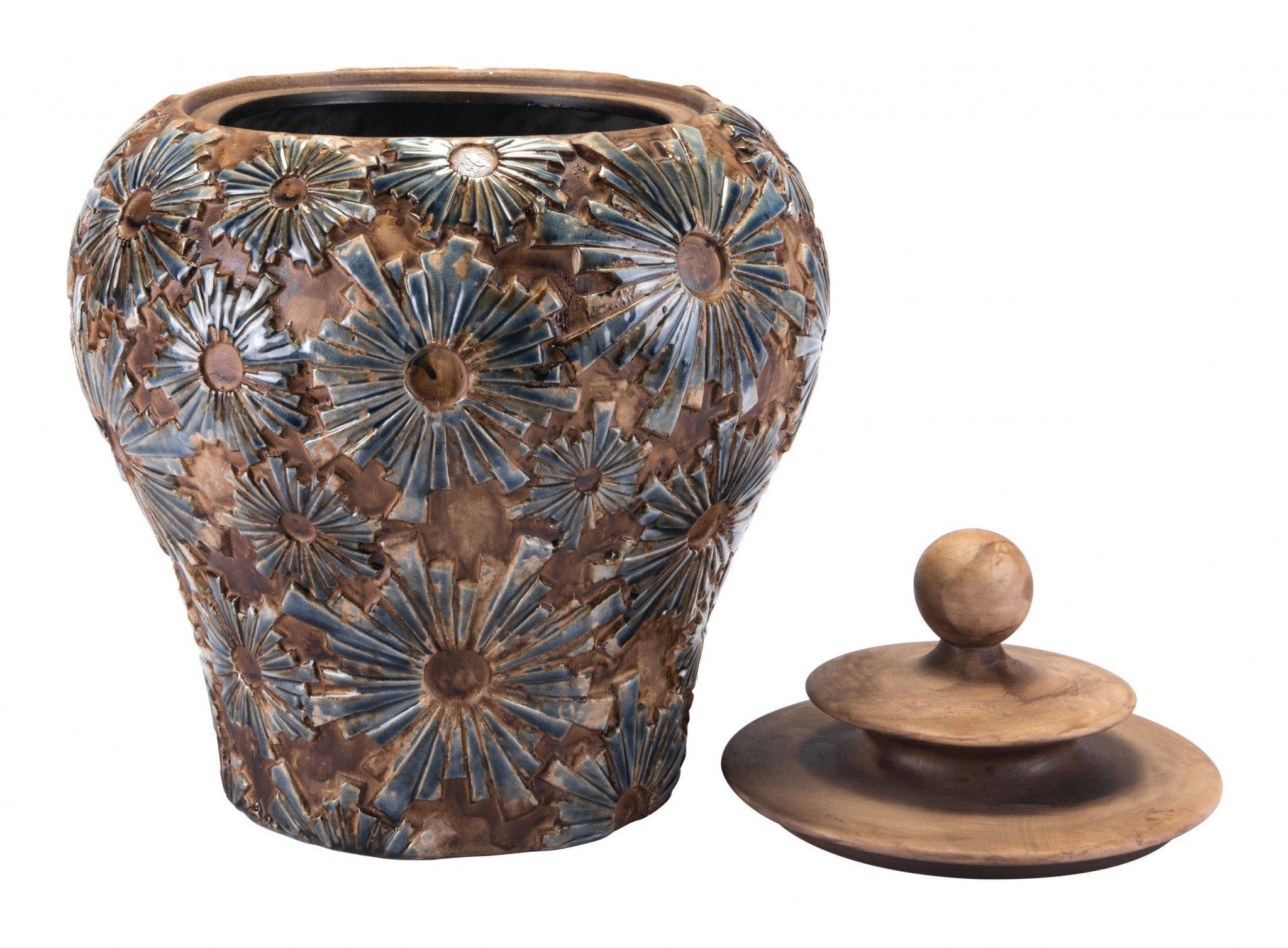 A beautifully textured brown ceramic small temple jar, perfect for modern decor, displayed on a shelf.