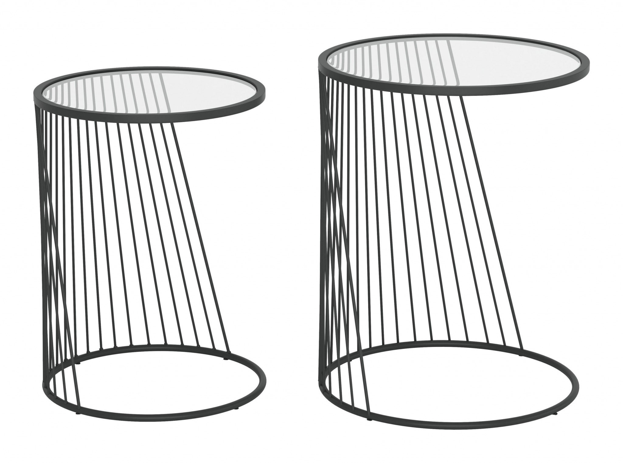 Stylish nesting tables featuring a clear tempered glass top and a sleek black steel base, perfect for small spaces.