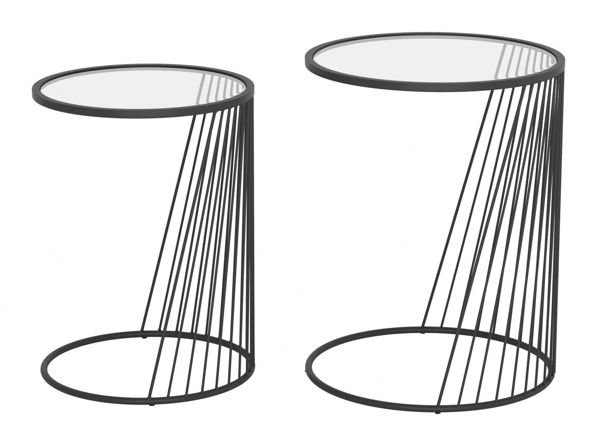 Stylish nesting tables featuring a clear tempered glass top and a sleek black steel base, perfect for small spaces.